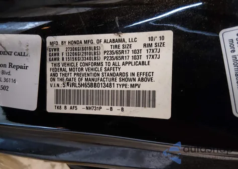 2011 Honda Odyssey Ex-L from USA, damaged, VIN 5FNRL5H65BB013481